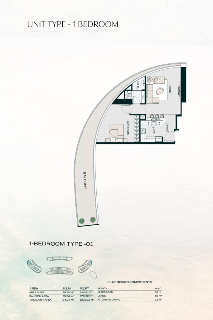 Binghatti Aquarise — 1 Bedroom floor plan