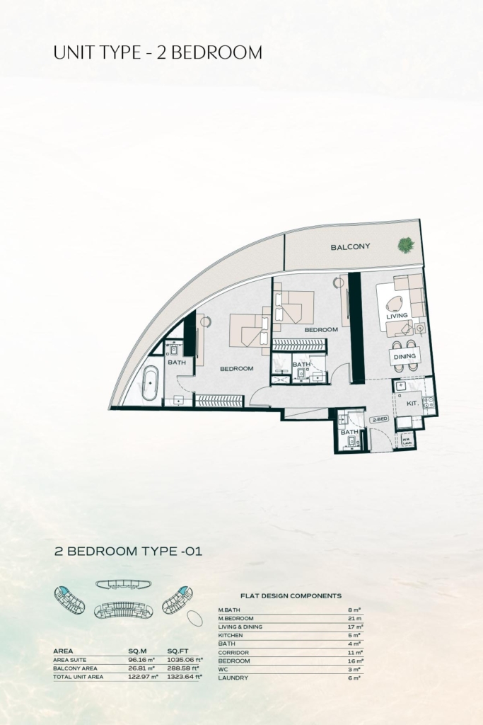 Binghatti Aquarise — 2 Bedrooms floor plan