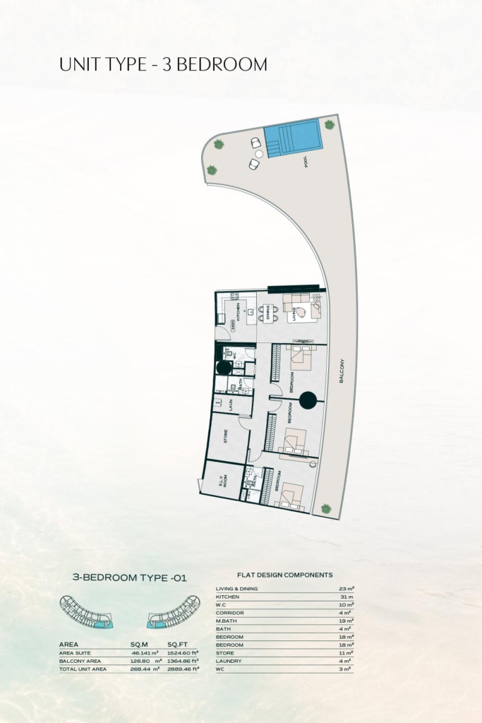 Binghatti Aquarise — 3 Bedrooms floor plan