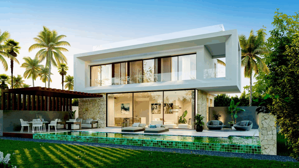 Exterior rendering of a 4-bedroom Malaga Bloom Living Villa with a private garden, showcasing Mediterranean-inspired architecture and large windows.