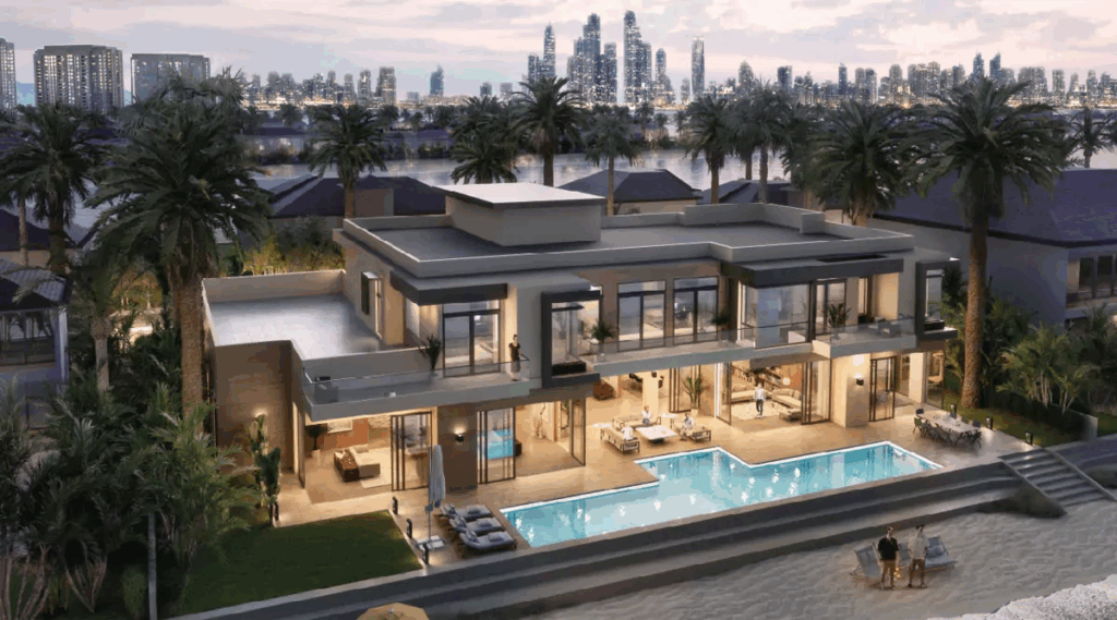 Dubai Villa Compounds 2025: Lush green landscaping and a family pool inside a premier gated community Dubai.