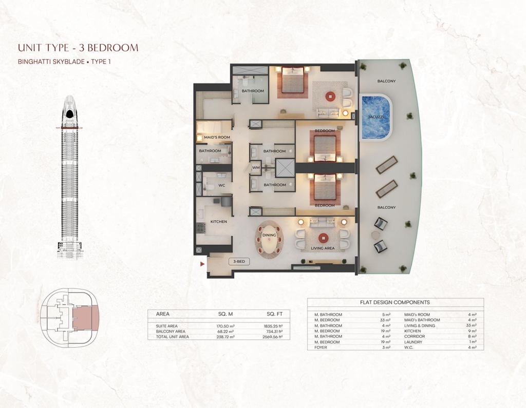 Binghatti Sky Blade in Downtown Dubai — 3 Bedrooms floor plan