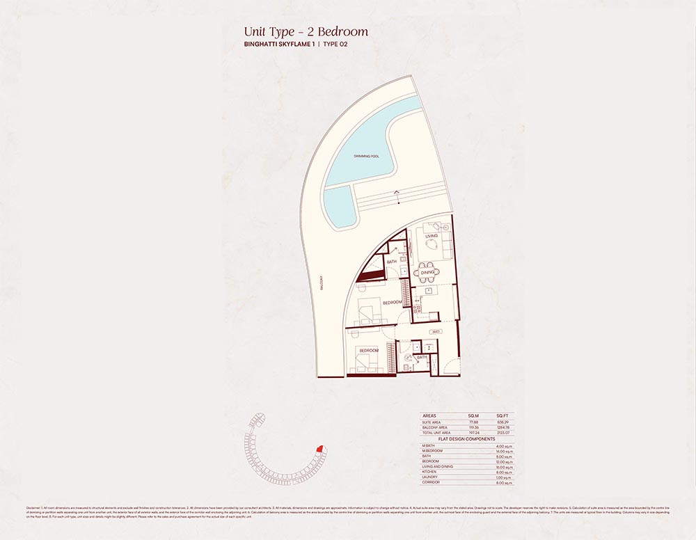 Binghatti Skyflame at Majan, Dubai — 2 Bedrooms floor plan