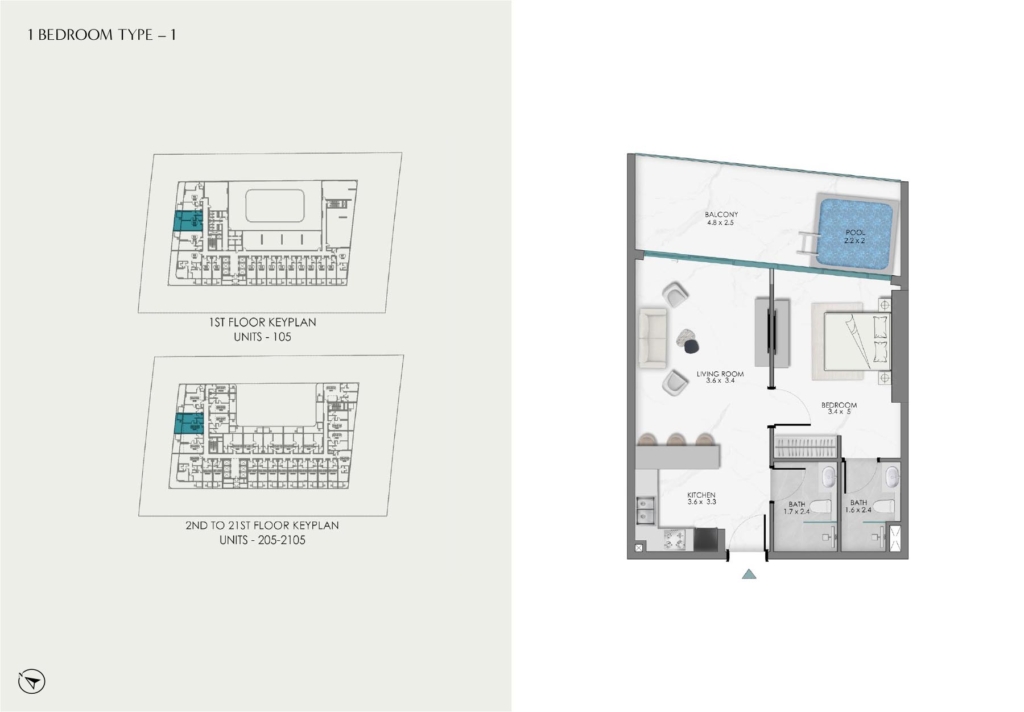 Samana Skyviews — 1BR floor plan
