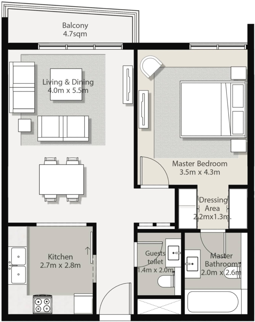 Rehan Apartments — 1BR floor plan