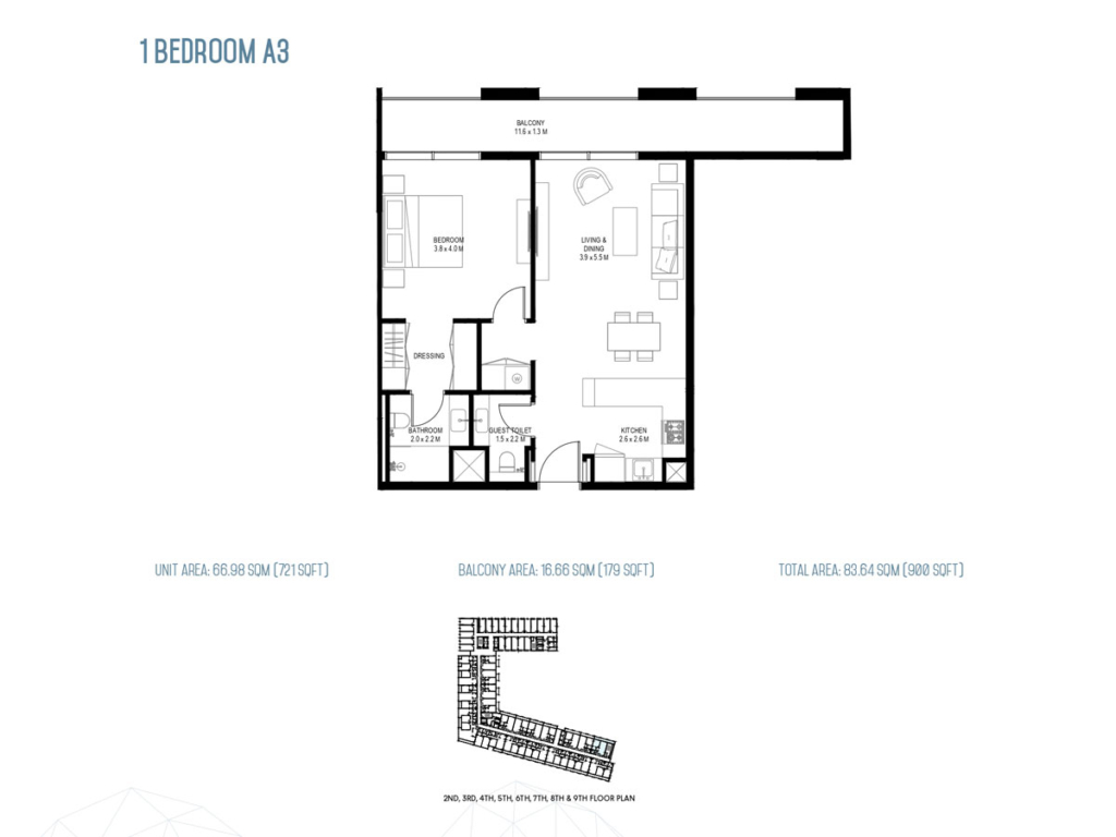 Rove Home Aljada — 1BR floor plan