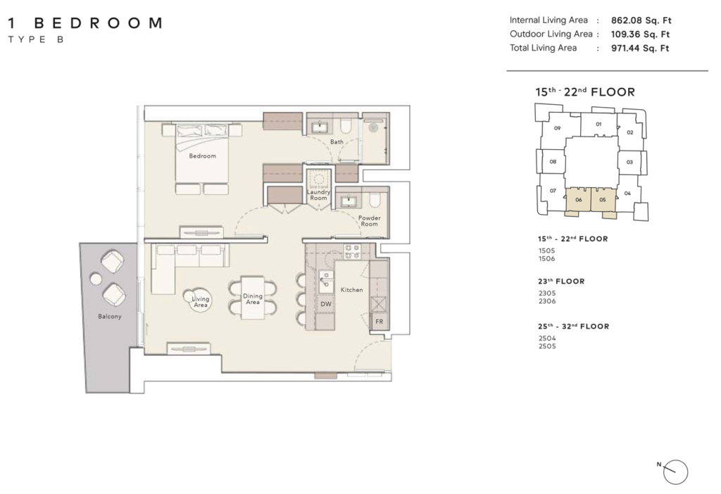 Mercer House — Uptown Dubai — 1BR floor plan