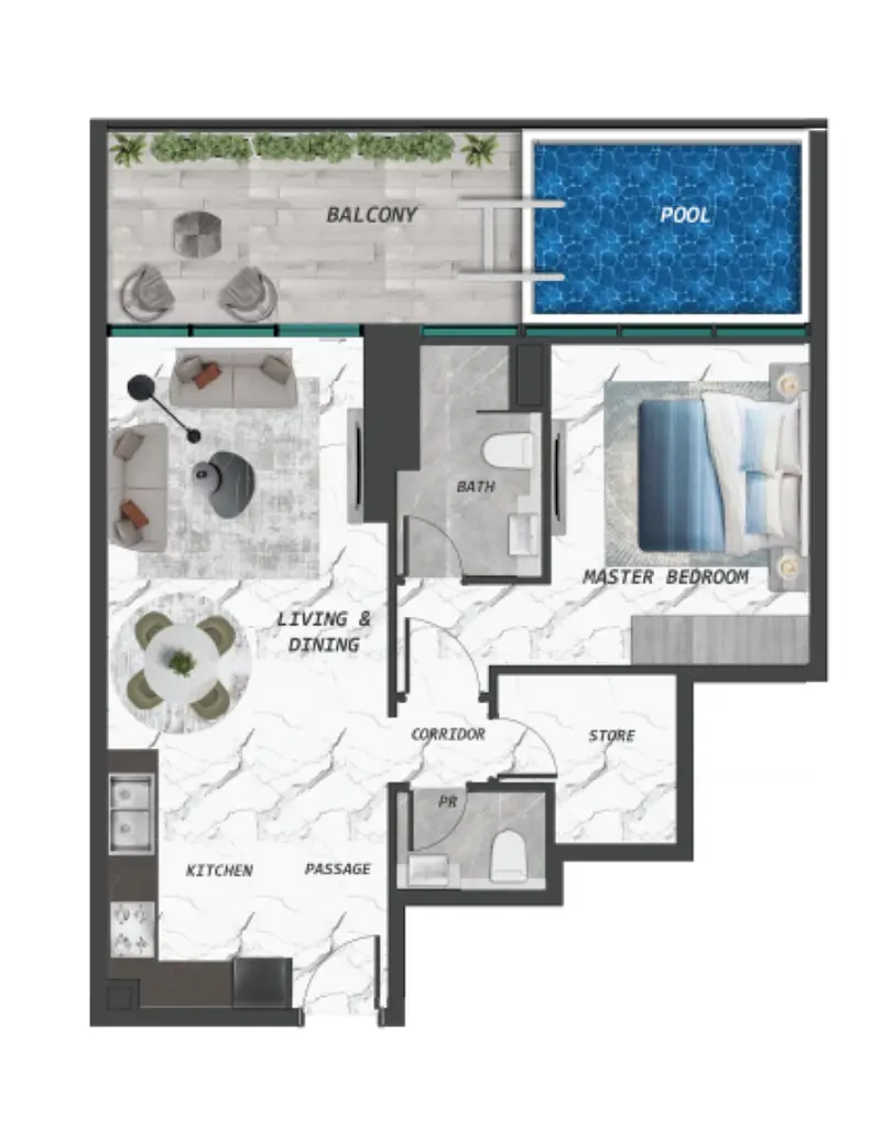 Samana Lake Views 2 — 1BR floor plan