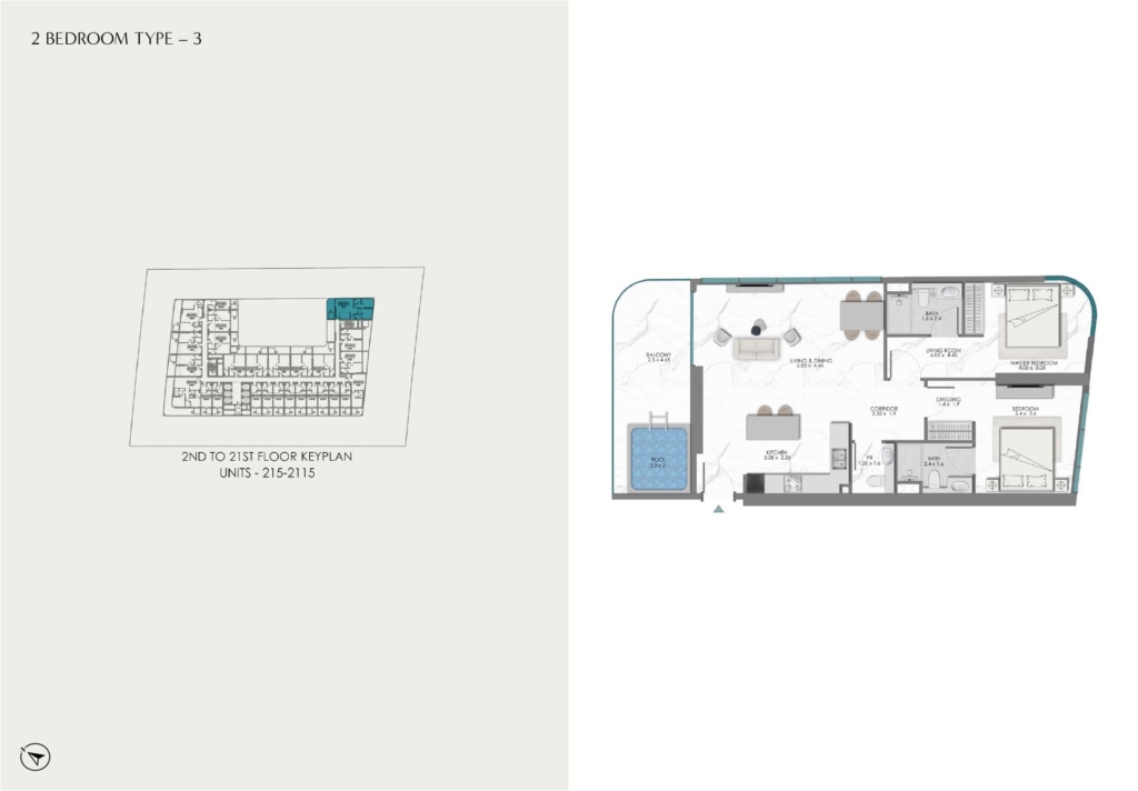 Samana Skyviews — 2BR floor plan