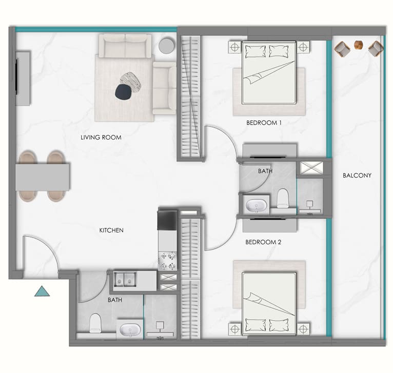 Samana Hills South 2  — 2BR floor plan