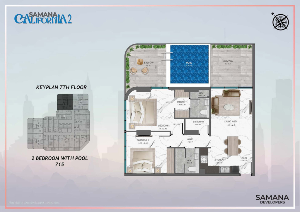 SAMANA California 2  — 2BR floor plan