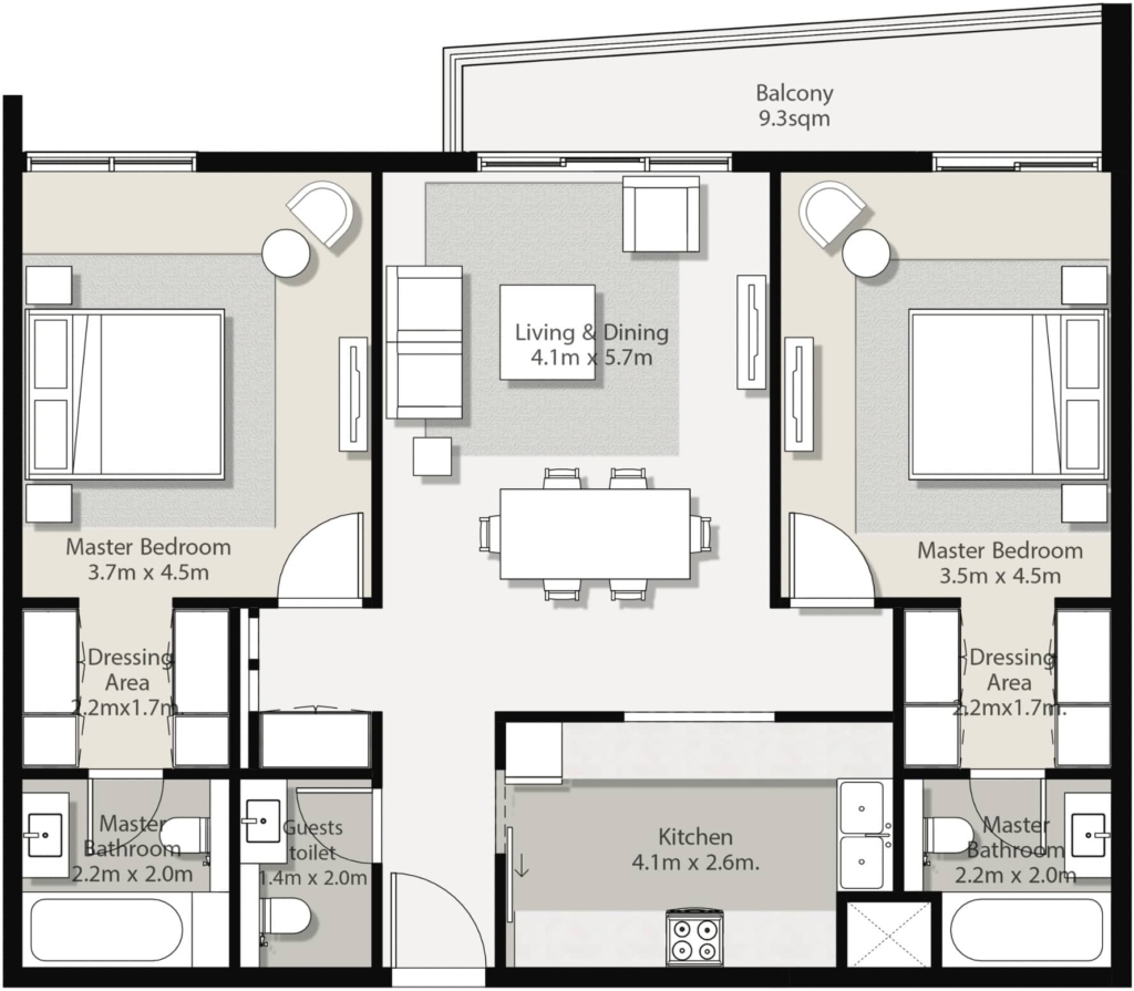 Rehan Apartments — 2BR floor plan