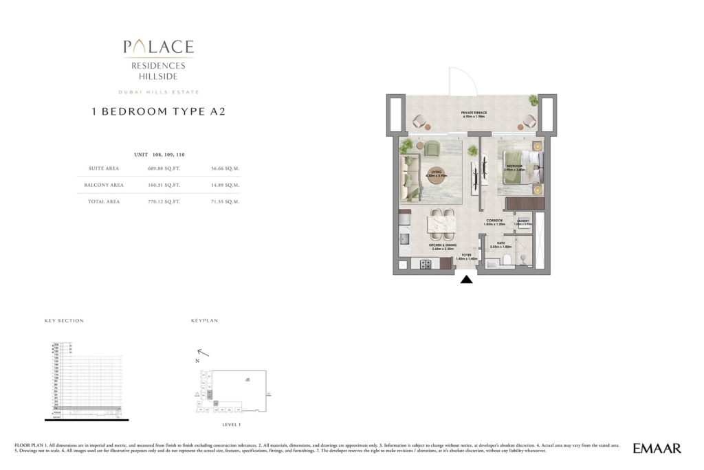 Palace Residences Hillside A — 1BR floor plan