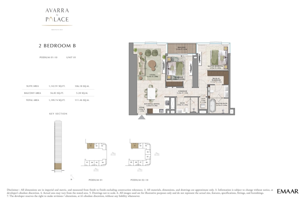 Avarra by Palace at Business Bay, Dubai — 2BR floor plan