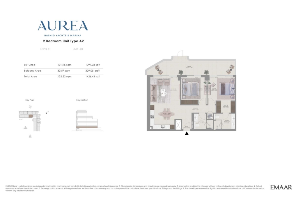 Aurea at Rashid Yachts & Marina — 2BR floor plan