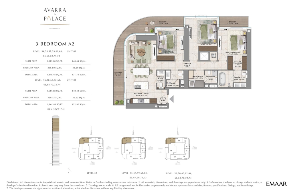 Avarra by Palace at Business Bay, Dubai — 3BR floor plan