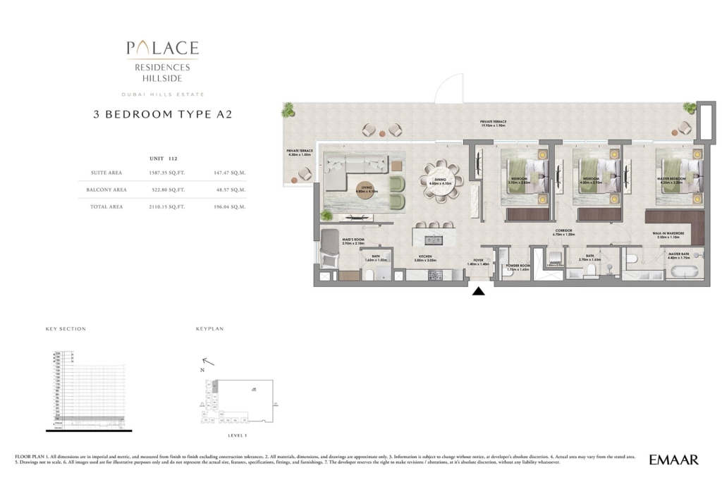 Palace Residences Hillside A — 3BR floor plan