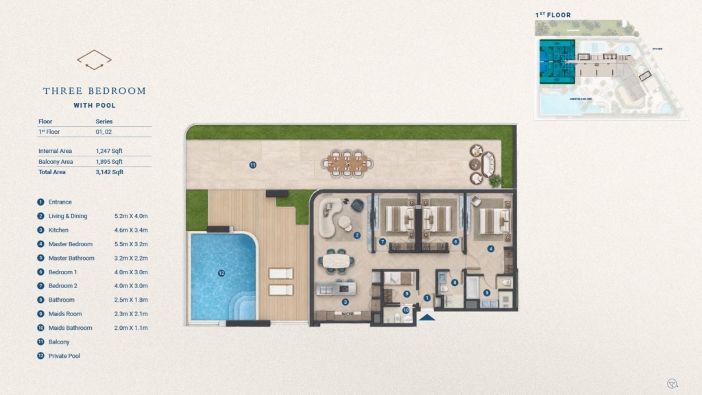 The Bay Interiors — 3BR + Maid + Pool floor plan