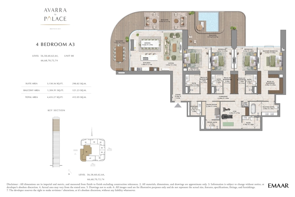 Avarra by Palace at Business Bay, Dubai — 4BR floor plan