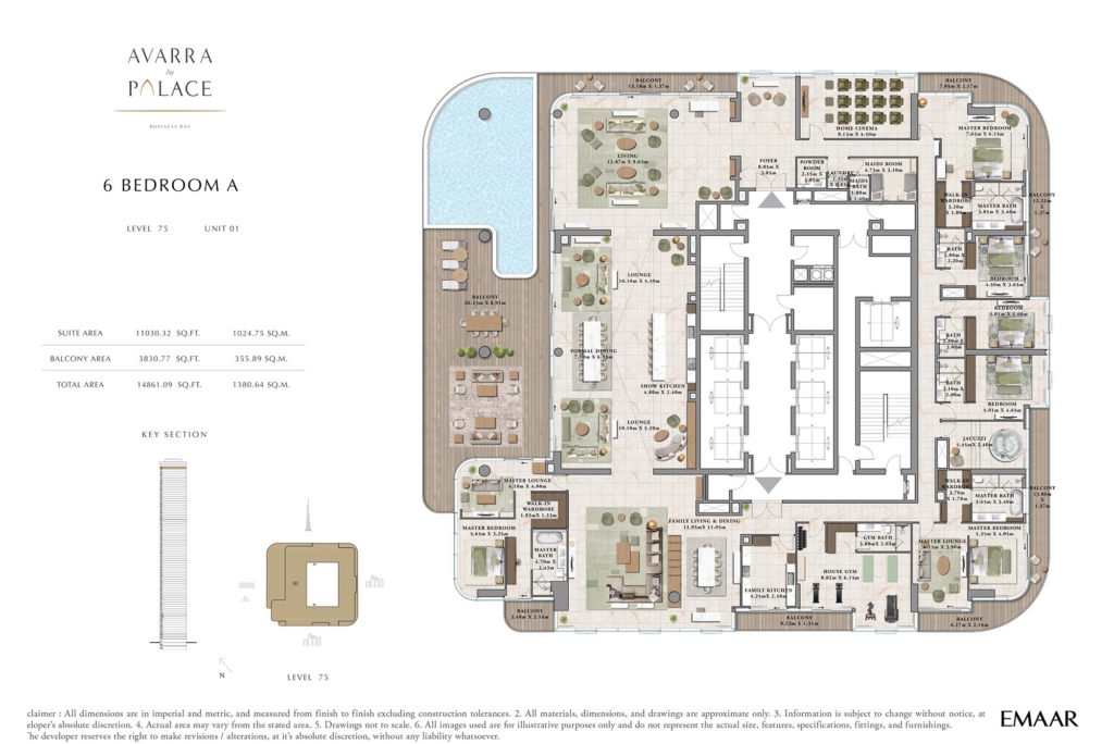 Avarra by Palace at Business Bay, Dubai — 6BR Penthouse floor plan